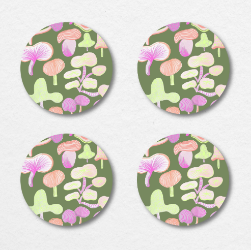 Funky Fall Mushrooms Illustrated Coaster - Set of Four